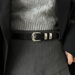 Korean style small belt, black thin belt, women's simple and versatile silver buckle, metal ring, new Korean decoration
