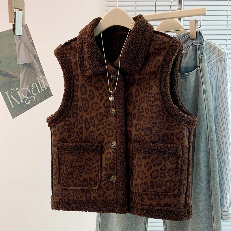 Retro Short Fur Vest Coat Leopard Print Simulation Leather Autumn Winter Women's Jacket Fashion Versatile No Brand Registered