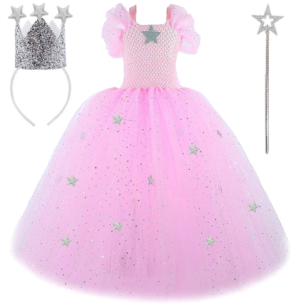 Sparkly Pink Glinda Witch Costumes for Girls Halloween Long Tutu Dress with Silver Stars Puff Sleeves Princess Ball Gown Outfit