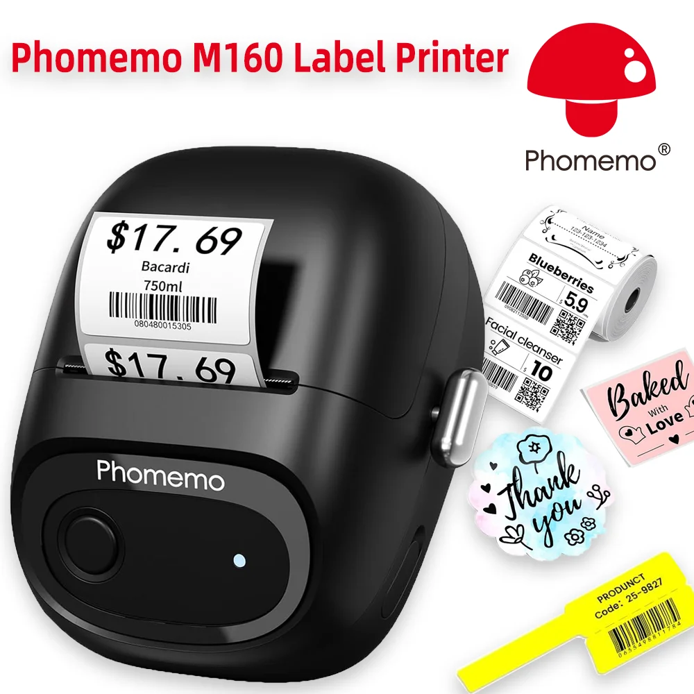 Phomemo M160 Label Maker Bluetooth Address Label Printer with Different Fonts and Templates Barcode Label Maker for  Business