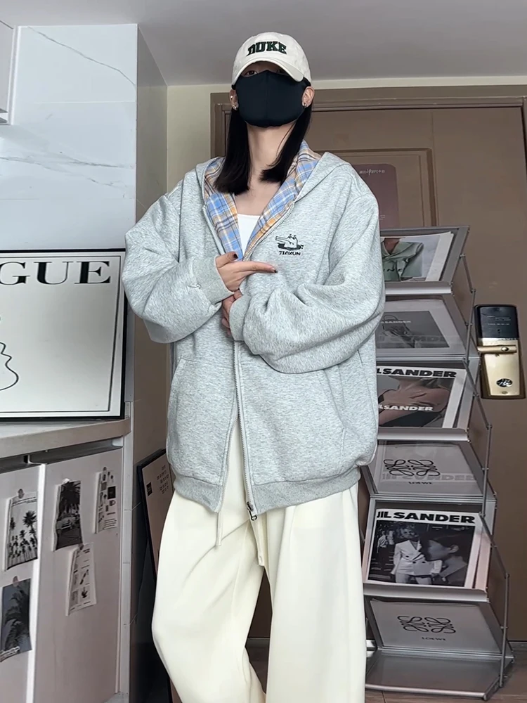 

Двусторонняя мужская толстовка в американском ретро-стиле, осенне-зимняя, в клетку, унисекс, молодежная, трендовая, из смесового хлопка и полиэстера