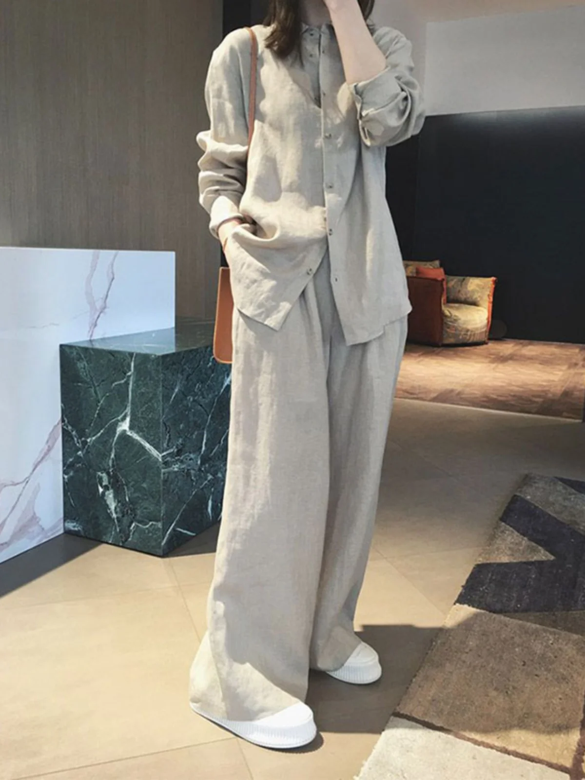 

Повседневный комплект из хлопка и льна, женский свободный длинный топ све, широкие брюки, комплект из двух предметов, осенний ансамбль Faion