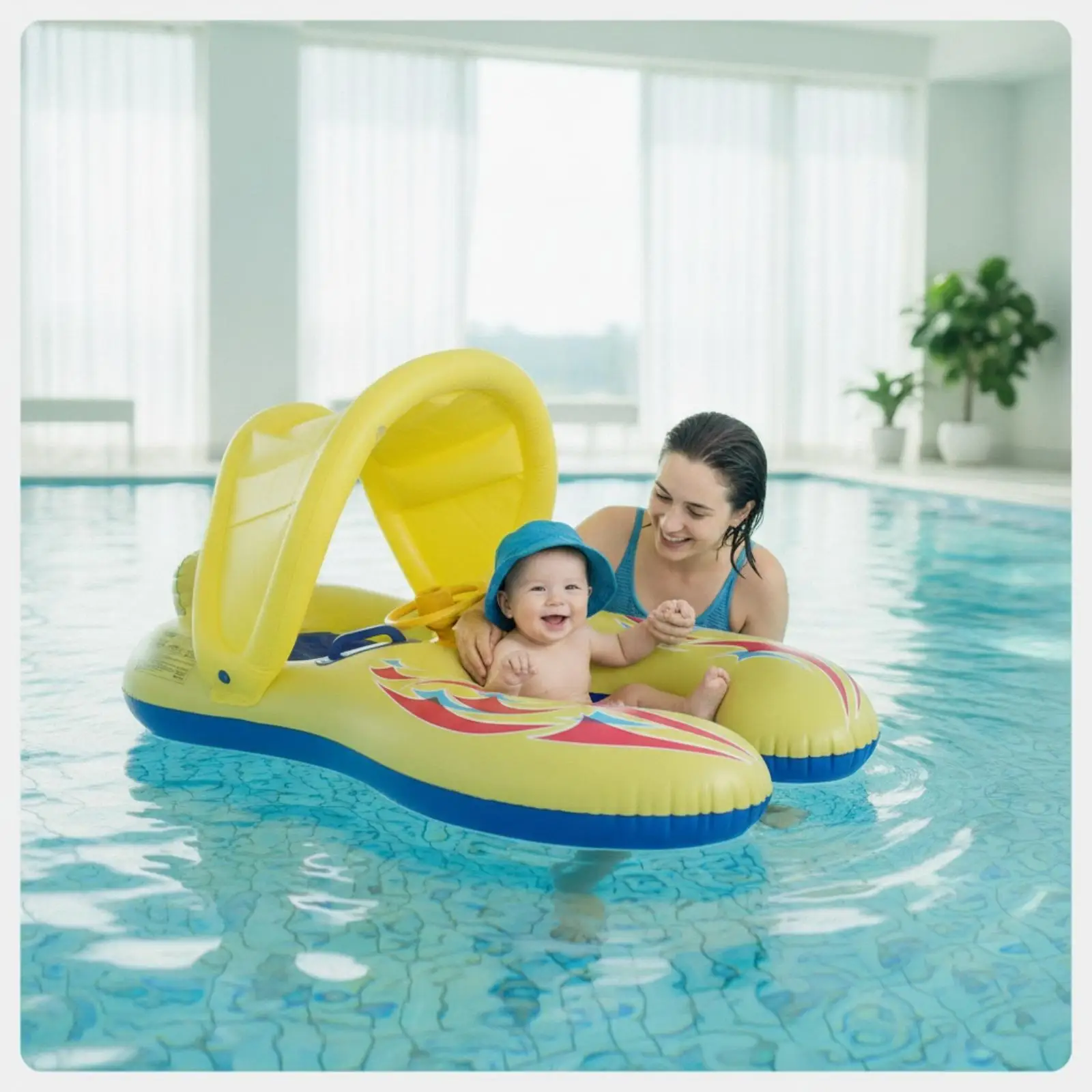 Bright Inflatable Children Swimming Float Dual Seats with Canopy Baby Lifeguard Pool Ring for Summer Holiday
