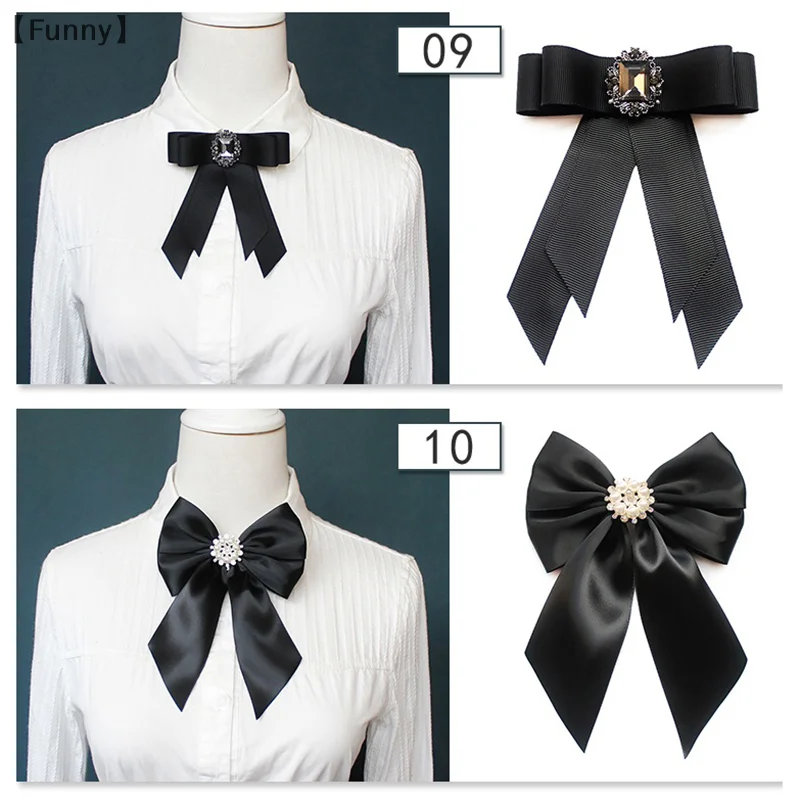 [مضحك] المرأة ربطة القوس فيونكة بروش أسود حجر الراين اللؤلؤ قميص طوق دبابيس موضة Bowknot ربطة العنق الشريط حفل زفاف ربطة العنق