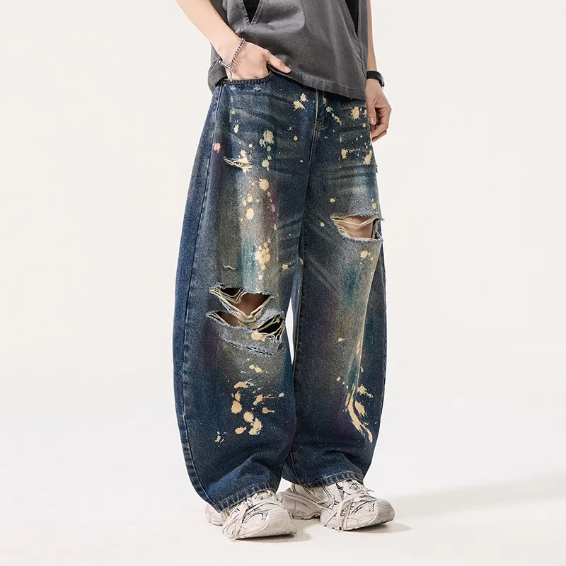 American Style Graffiti Distressed Men's Vintage Baggy Jeans High Street Trendy Hole Wide Leg Scimitar Denim Pants Streetwear