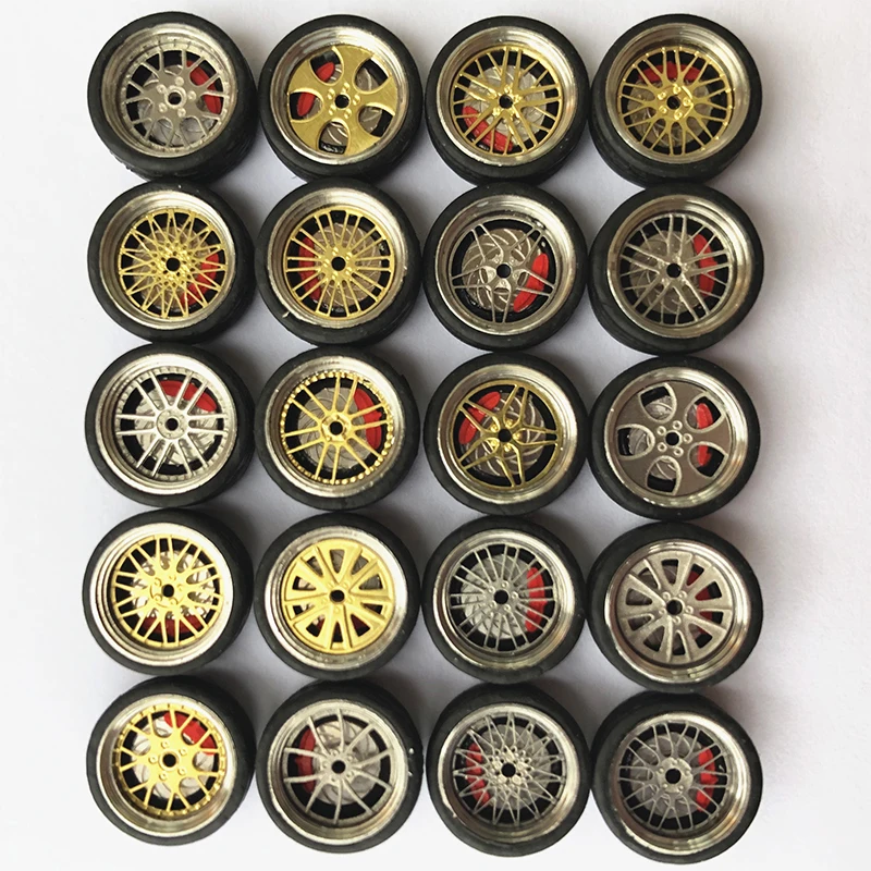 Modified Alloy Wheel Rubber Wheel 1:64 Metal Wheel Disc Brake Caliper Rubber Tires 4 PCS  Applicable MINIGT Green Light