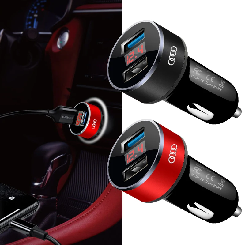 Carregador de Carro com 2 Portas USB, Carregamento Rápido, Display Digital, Acessórios para Carro para Audi A4L A6L A3 A4 TT Q3 Q5 Q7 A5 A7 S3 S4 S5 S6 S8 RS3
