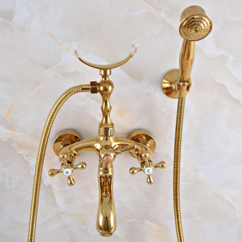 Polished Gold Brass Double Handle Wall Mounted Bathroom Bath Tub Faucet Set with 150CM Hand Held Shower Spray Mixer Tap 2na946