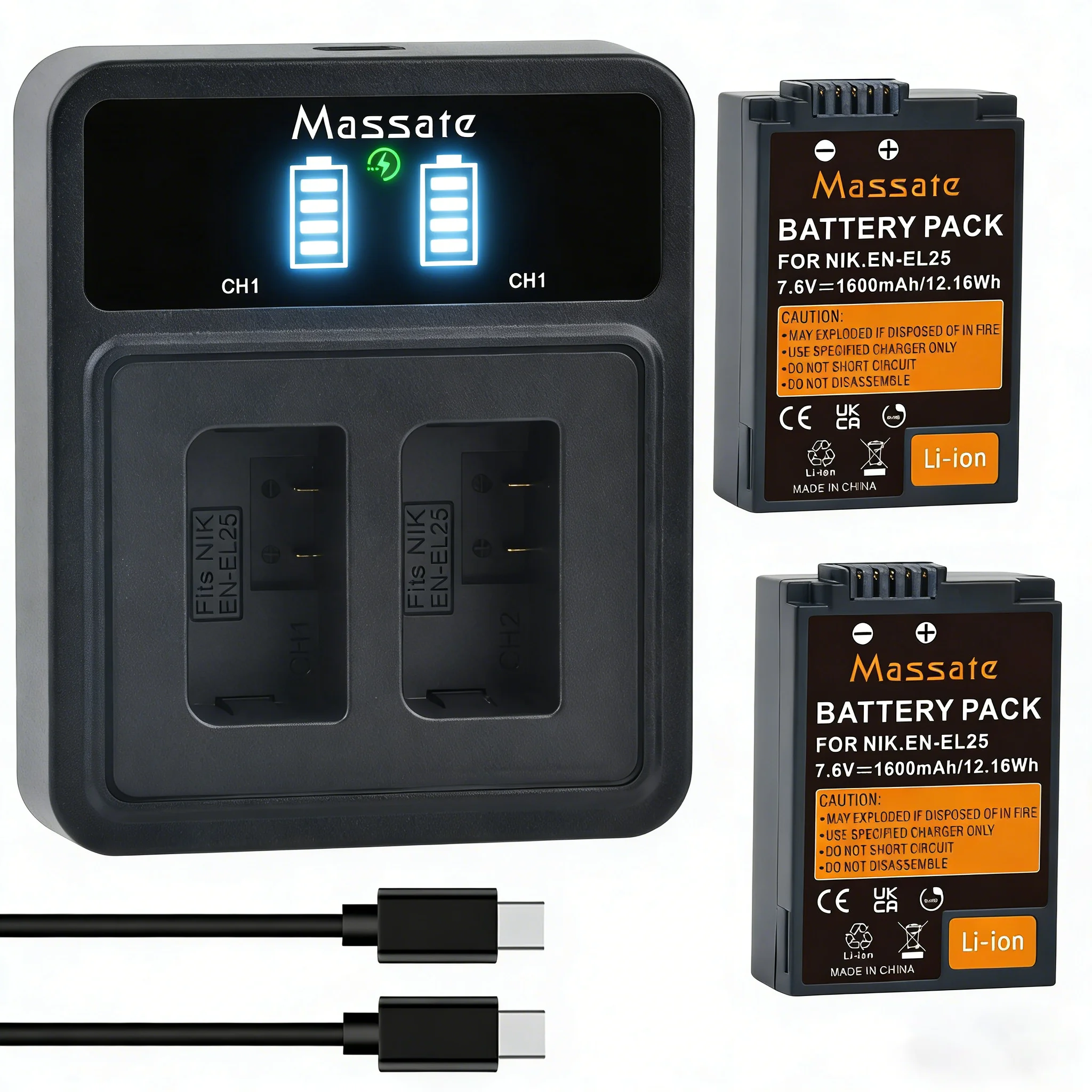 

Massate EN-EL25 EN EL25 ENEL25 Rechargeable baterry +USB Dual Battery Charger for Nikon Z50 Z30 Z50 II ZFC Z 30 Z FC Cameras