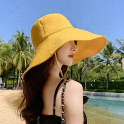 Summer Wide Brim Sun Hat Women's Foldable Travel Packable Bucket Hat Japanese UV Sunscreen Cotton Linen Beach Cap Fisherman Hat