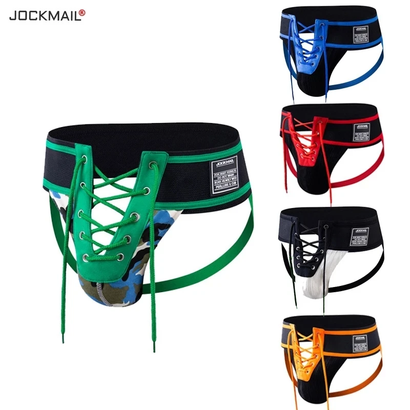 Jockmail-Tanga Sexy para hombre, suspensorio con cordones, color verde camuflaje, pretina de 3,15 pulgadas, ropa interior Gay abierta