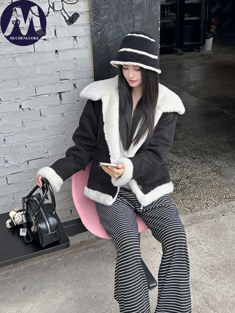 Damski płaszcz futrzany jesienno-zimowy imitacja futra norek kołnierz z futra krótka kurtka moda koreańska luźny krój pogrubiony ciepły płaszcz