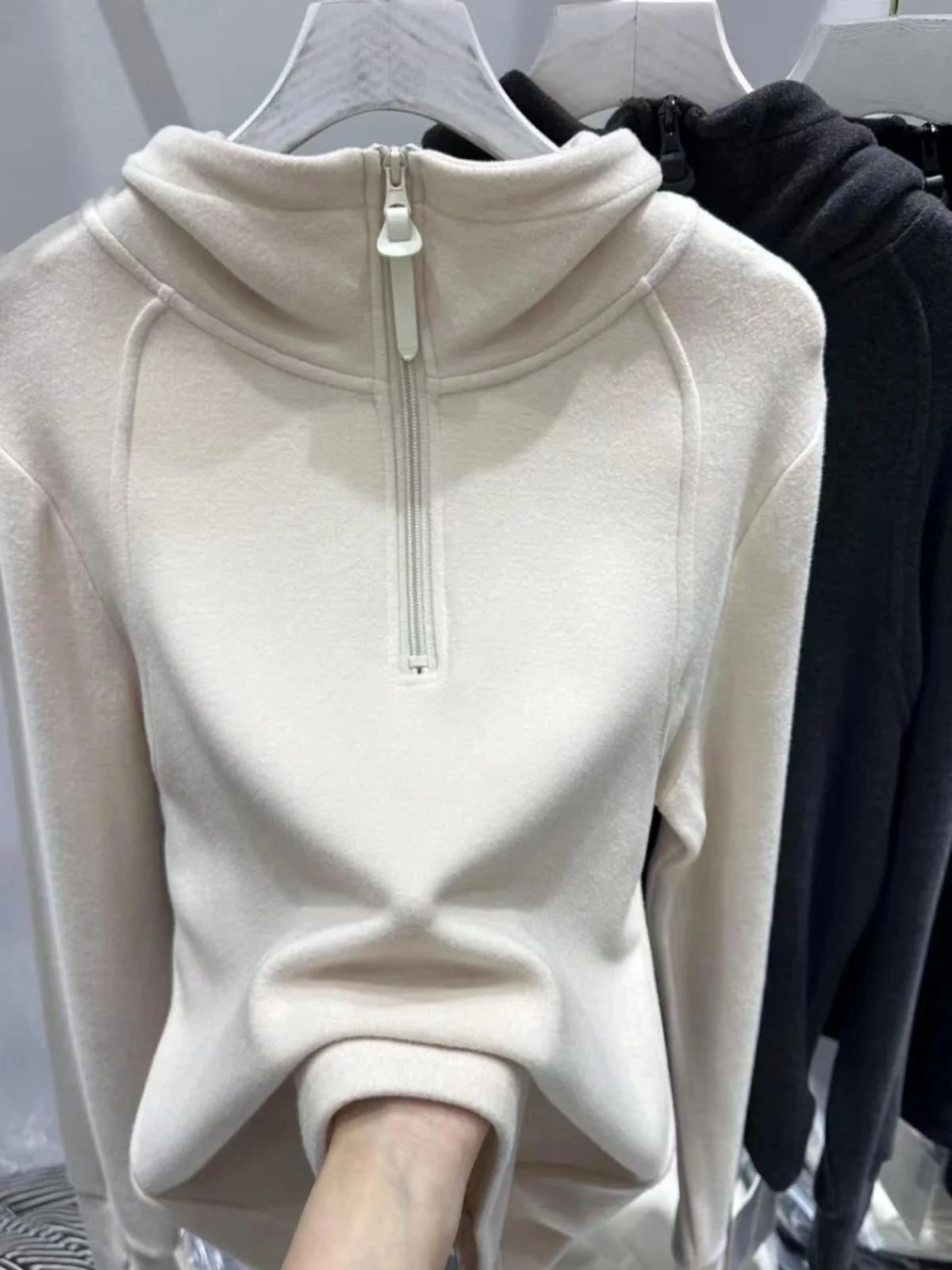 

Fall Winter New Style Color Long Sleeve Hoodie Zipper Base Layer Versatile Top Korean Style Thickened Cotton Inner Liner