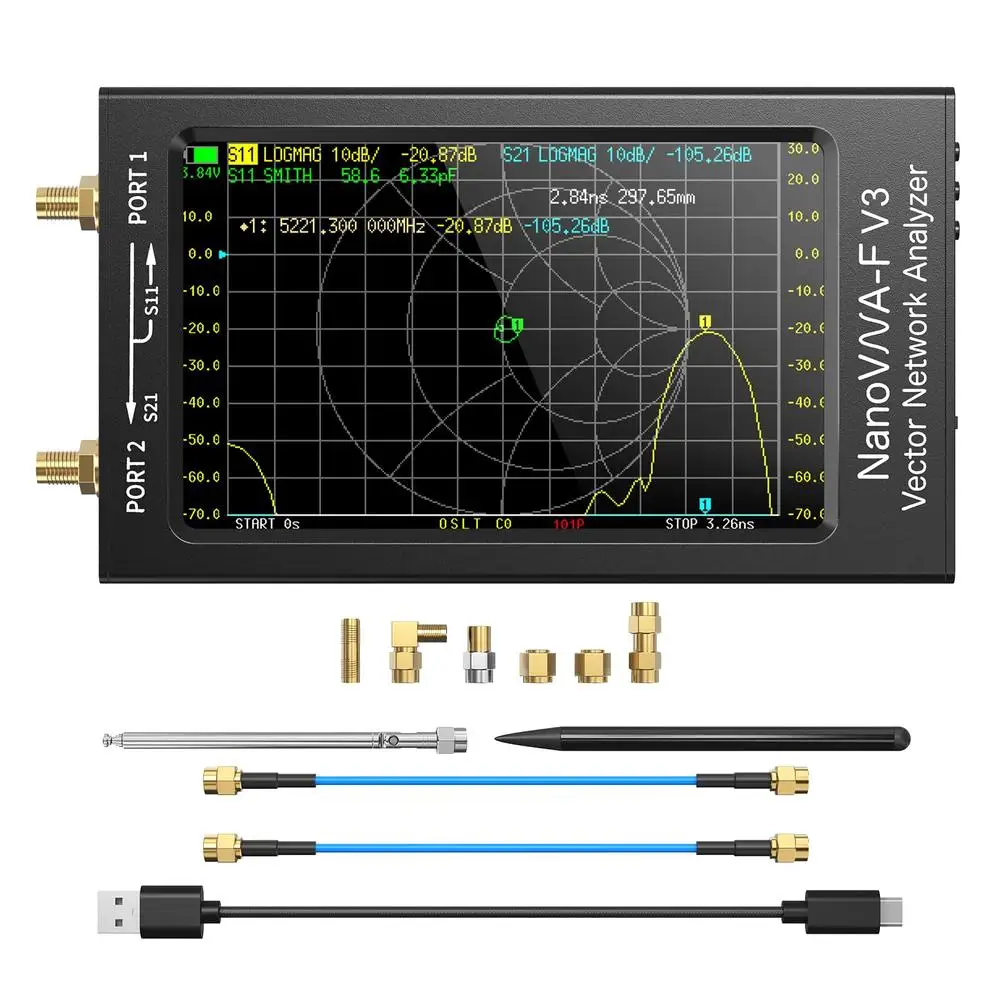 Vector Network Analyzer Kit NanoVNA-F V3 Upgraded 1MHz-6GHz Antenna Analyzer Wide Frequency Range SMA Calibration Kit Metal