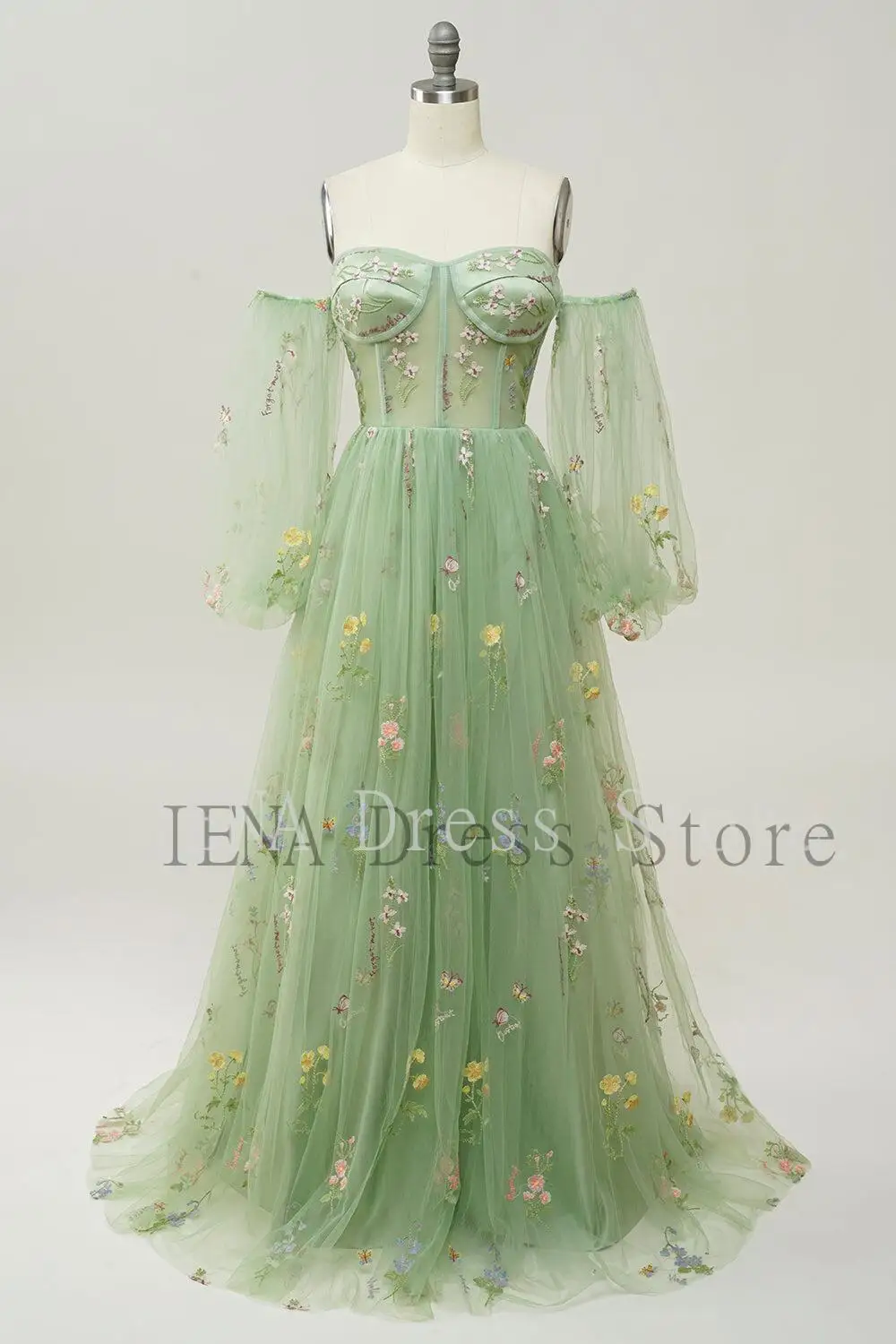 14741#IENA Fairy Sage Green A-Line Evening Dresses Off The Shoulder Bridesmaid Dress With Embroidery Tea Length Party Prom Gown