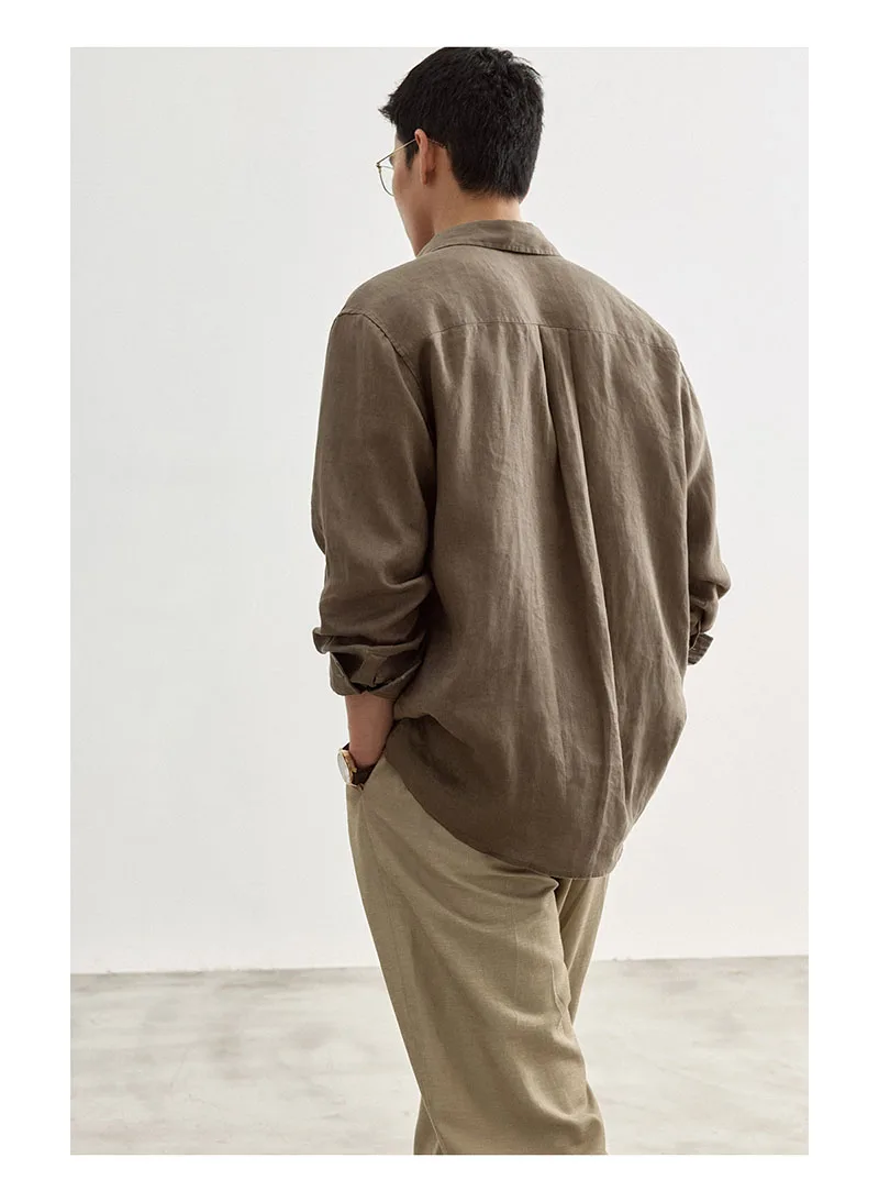 Fengbaoyu Natural 100% Linen Men's Shirt Long-sleeved Collar Loose Casual Shirt with Simple Style, Breathable and Sweat-Wicking