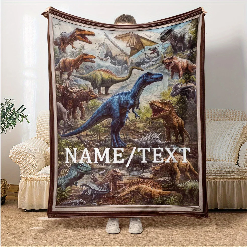 [بطانية الديناصور] بطانية الفانيلا المطبوعة على شكل ديناصور قابلة للتخصيص - رمي ناعم وخفيف الوزن مع تصميم جوراسي عالي الدقة للسفر