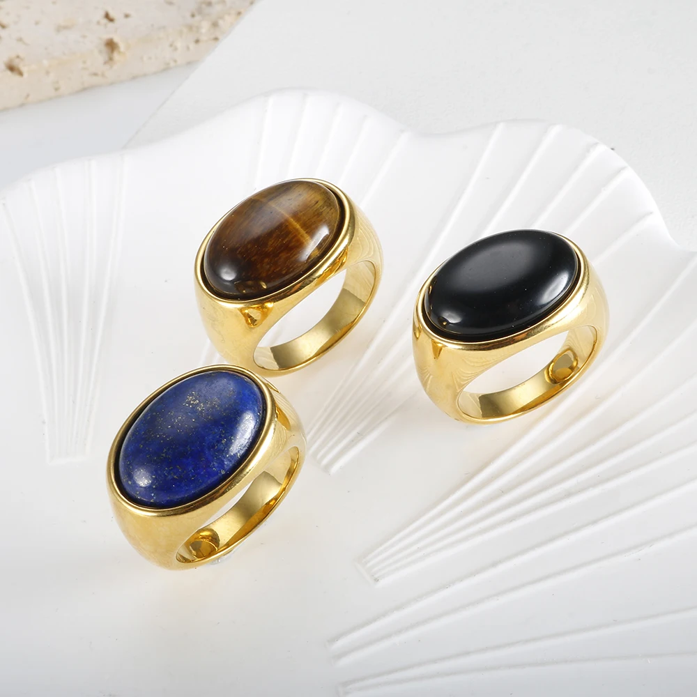 Gold Color Plated Stainless Steel Oval Bold Chunky Rings For Women High Grade Natural Black Carnelian Stone Wholesales Jewelry