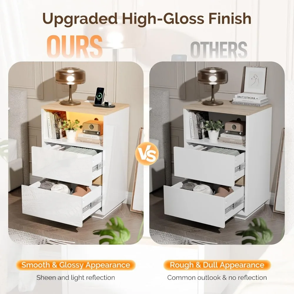 "منضدة LED لامعة مع منفذ شحن وأدراج للاستخدام بجانب السرير" #3