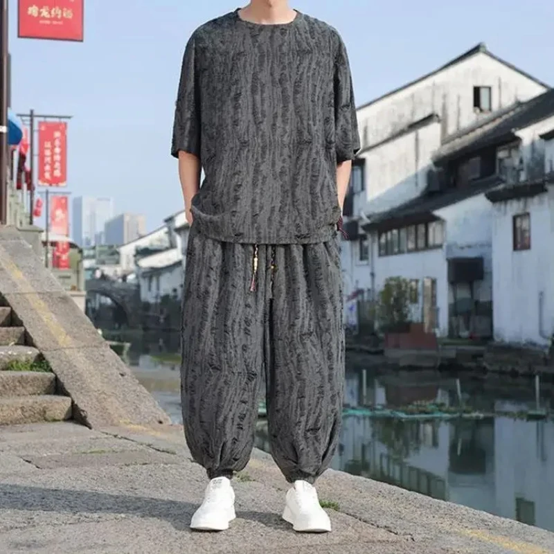 Men's Summer Oriental‑Inspired Y2K Two‑Piece Set, Loose Jacquard Distressed Short Sleeve Top & Harem Jogger Pants Streetwear