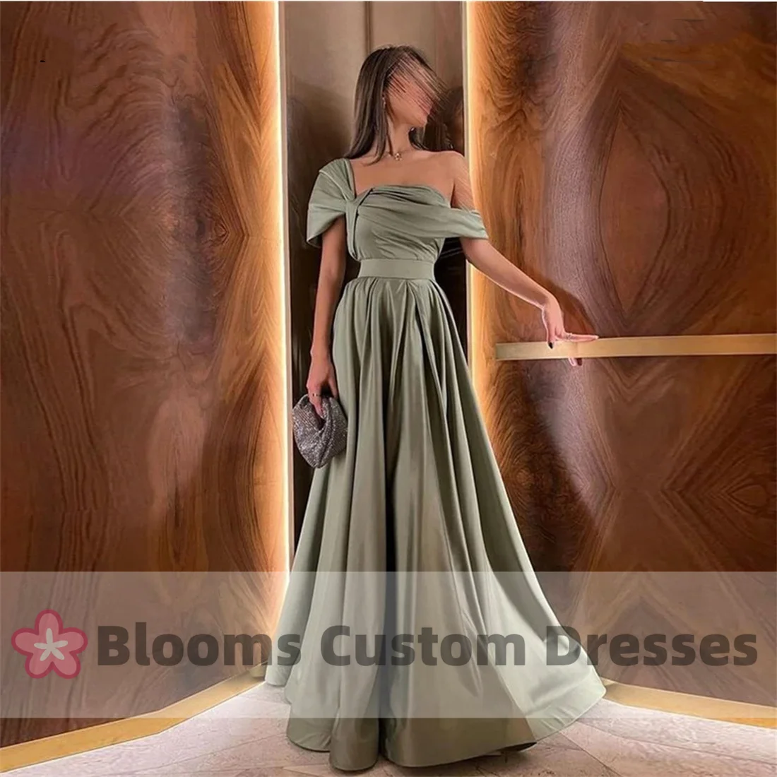 Customized Olive Green Graceful Evening Dress Long A Line Satin Draped Floor Length Off Shouldr Abendkleider Saudi Formal