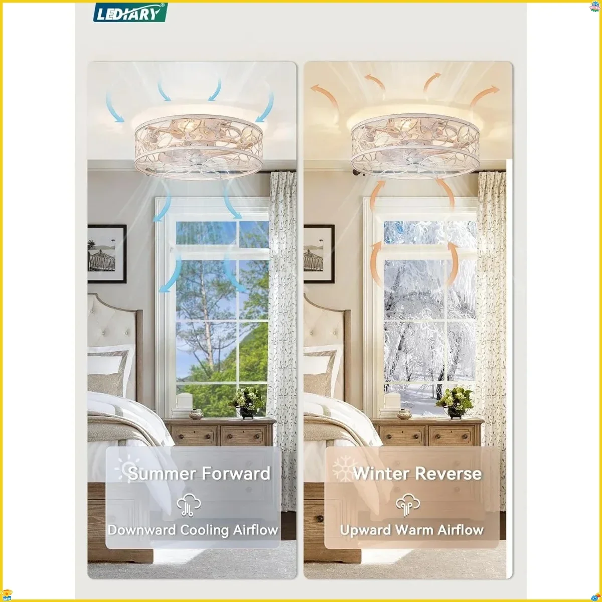 조명이 있는 케이지형 날개 없는 천장 선풍기, 플러시 마운트 저프로파일 리모컨 소형 화이트 팬 침실 주방 실내용