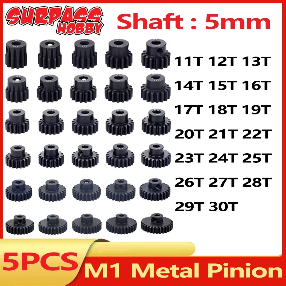 SURPASS HOBBY 5PCS M1 5mm Metal Pinion Motor Gear 11T 12T 14T 25T 26T 28T 30T Black Steel for 1/10 RC Car Buggy Monster Truck