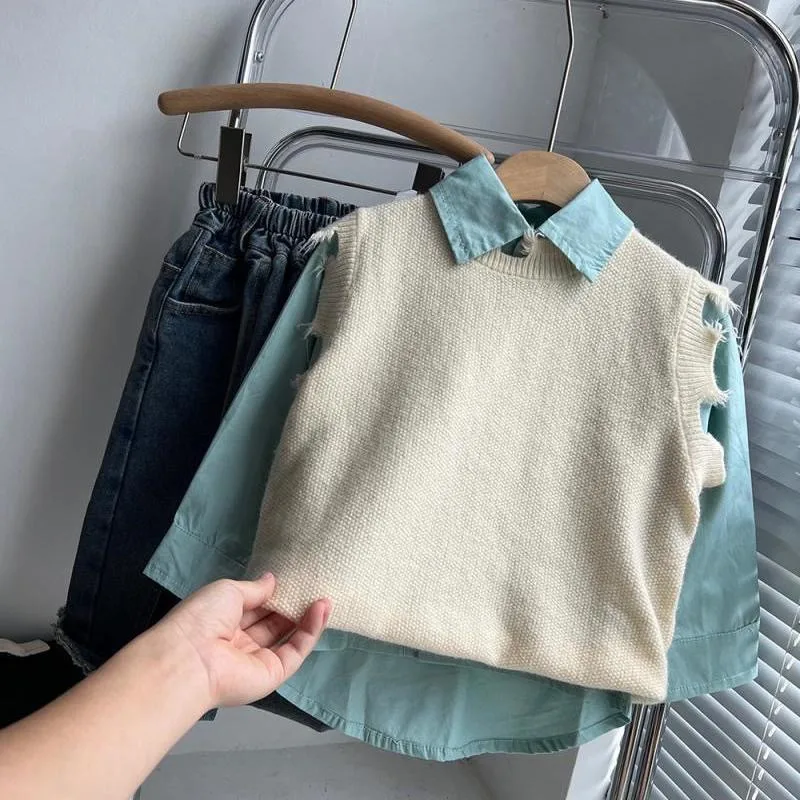 Children's Clothing Set Spring and Autumn New Baby Boys' Knitted Vest Shirt+Jeans 3-Piece Set