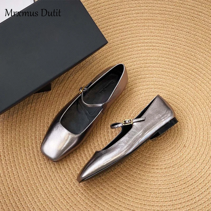 Mrxmus dutit Autumn New 2024 Women Round Head Solid Genuine Leather Flat Shoes Vintage Versatile Mary Jane Shoes Female Chic