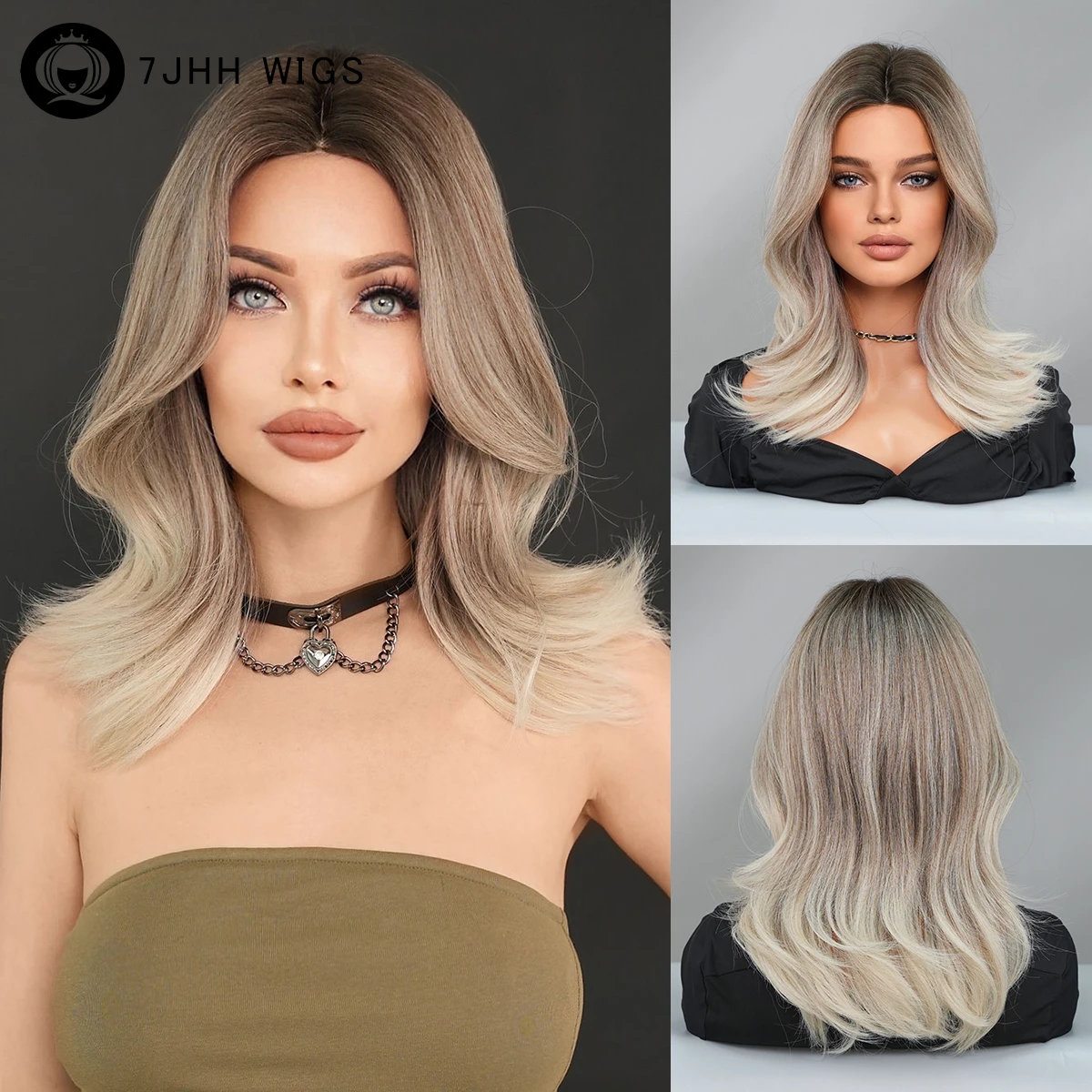 

7JHH WIGS Synthetic Middle Part Blonde Wigs with Dark Roots High Density Shoulder Length Hair Wig for Women High Quality Fiber