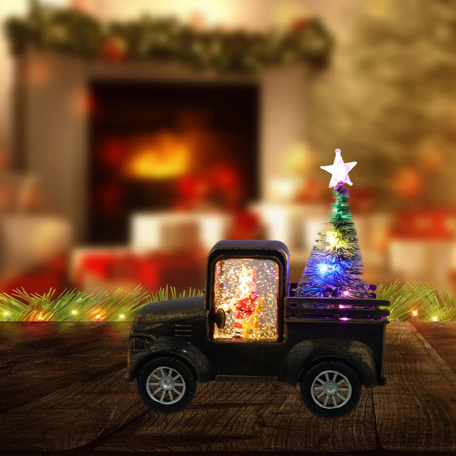 

Mini Santa Claus Driving Tractor with Christmas Tree Operated Light Up Tabletop Scene Prop for Holiday Home Office Decor