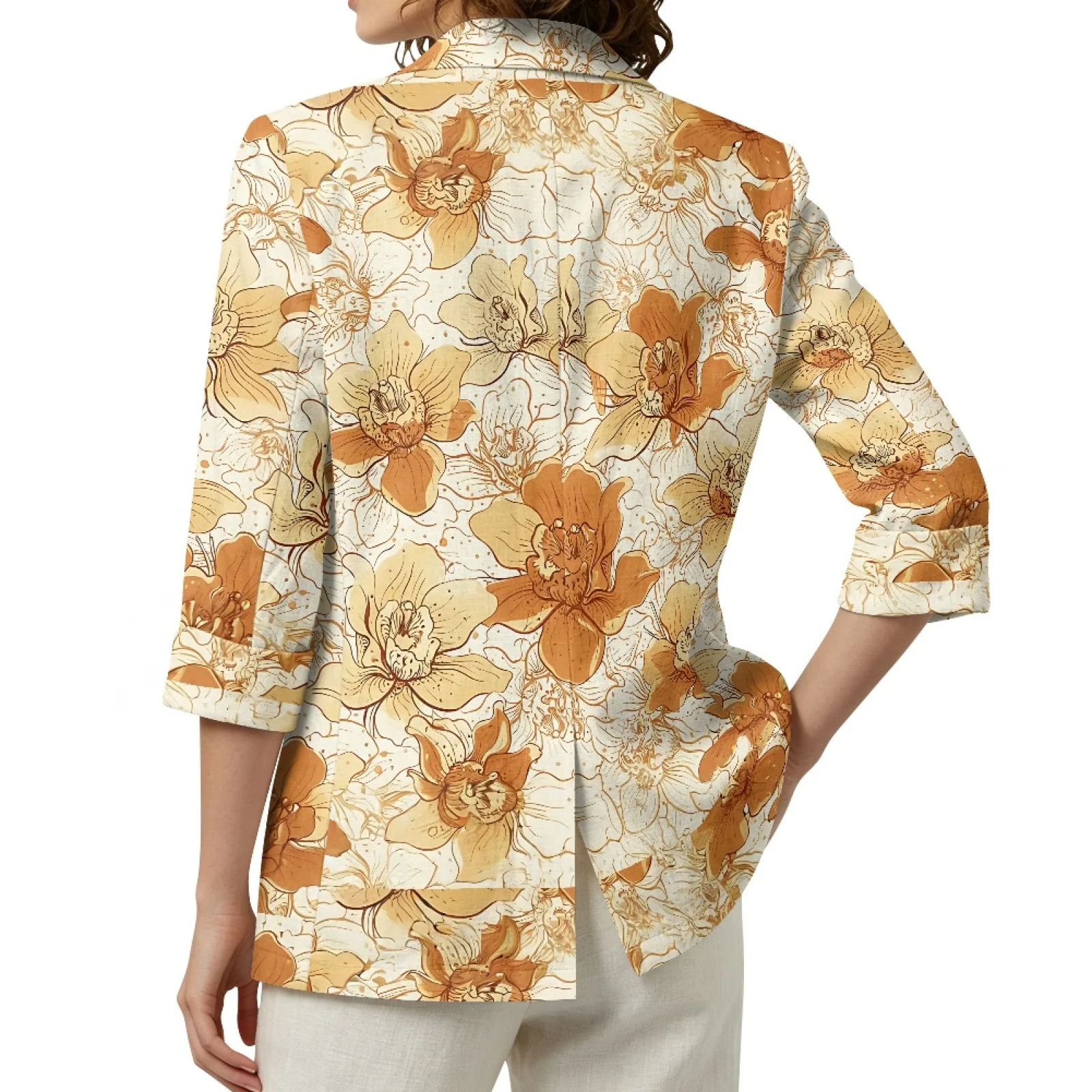 PENSTROLL Orange Floral Linen Like Beach Coverups Outerwear for Women Casual Open Front Button Cardigans view 2