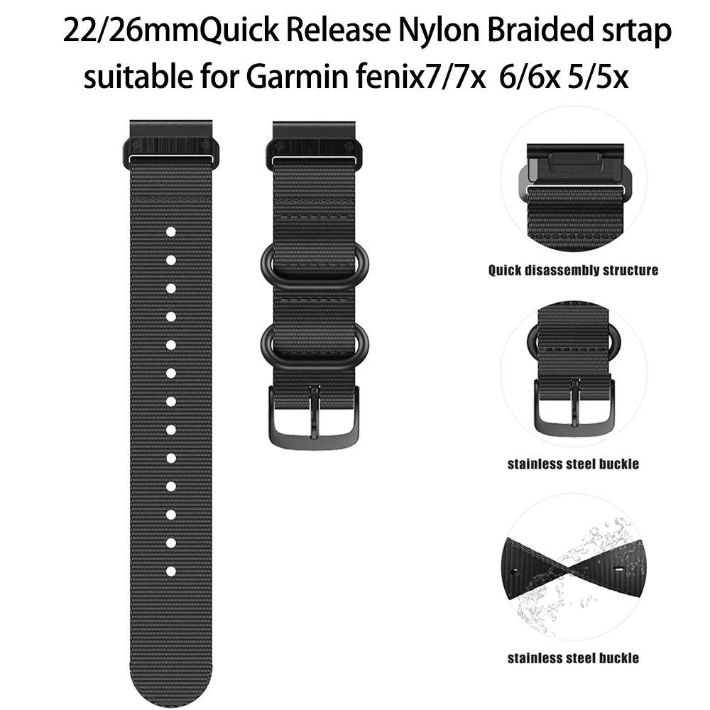 

for Garmin 22 26mm Nylon Quick Release with Three Metal Buckles for Fenix 5 5 Plus 5X 6 6Pro 6X 7 7X Instinct Arm Strap