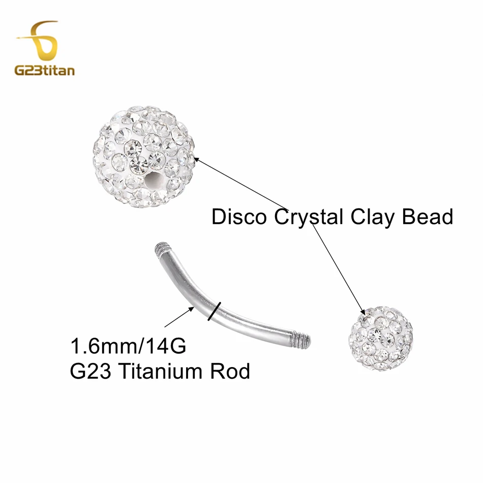 G23titan 2 Side Crystal Clay Beads Disco Ball Belly Piercings Rings 14G Titanium Bar Navel Earring Hypoallergenic Body Jewelry