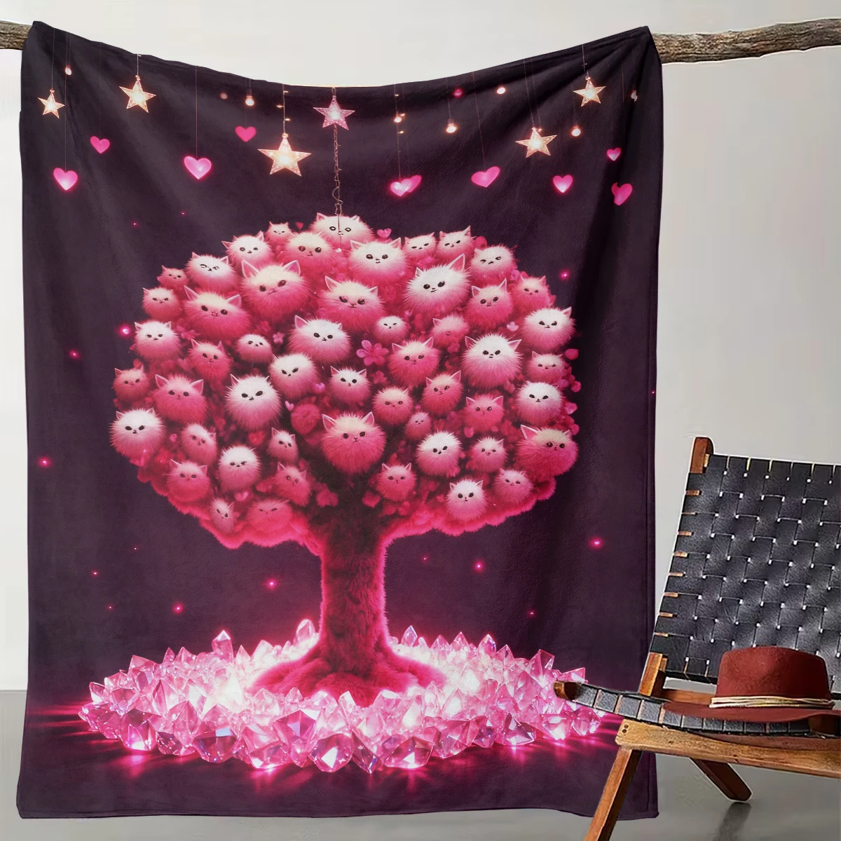 

1 Pink Cute Cat Crystal Cluster Tree Language Blanket Suitable for Camping, Living Rooms, Offices, Chairs, and Beds