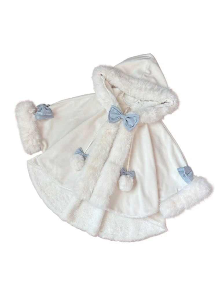

Winter 2025 Sweet Lolita Cloak Coat Women Japanese Kawaii Elegant Cute Fur Bow Ponchos Female Lovely Warm Hooded Cape Coat New