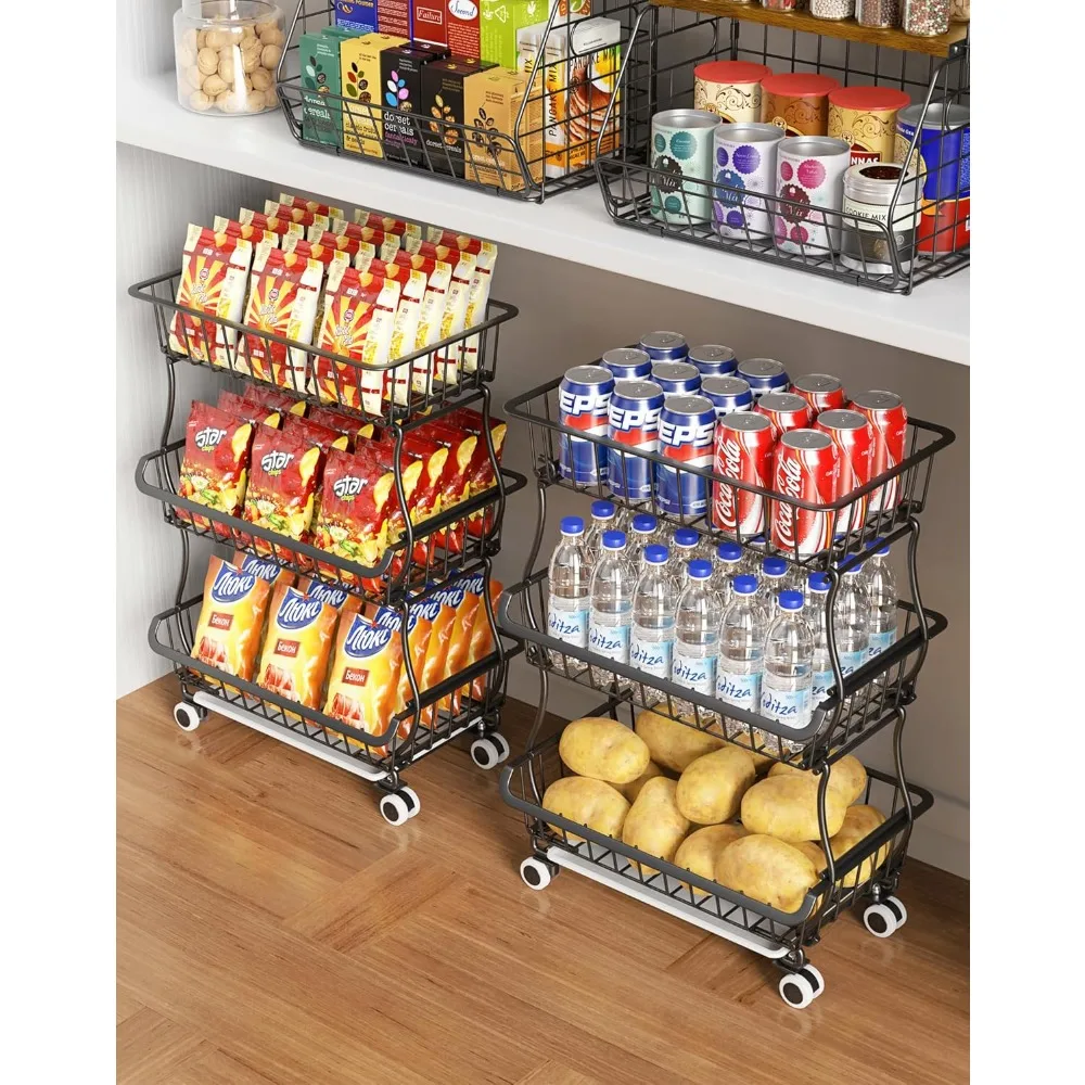 

3-Tier Rolling Pantry Floor Organizer and Storage Cart with Wheels, Stackable Wire Pantry Baskets for Pantry Shelves, Kitchen Fr