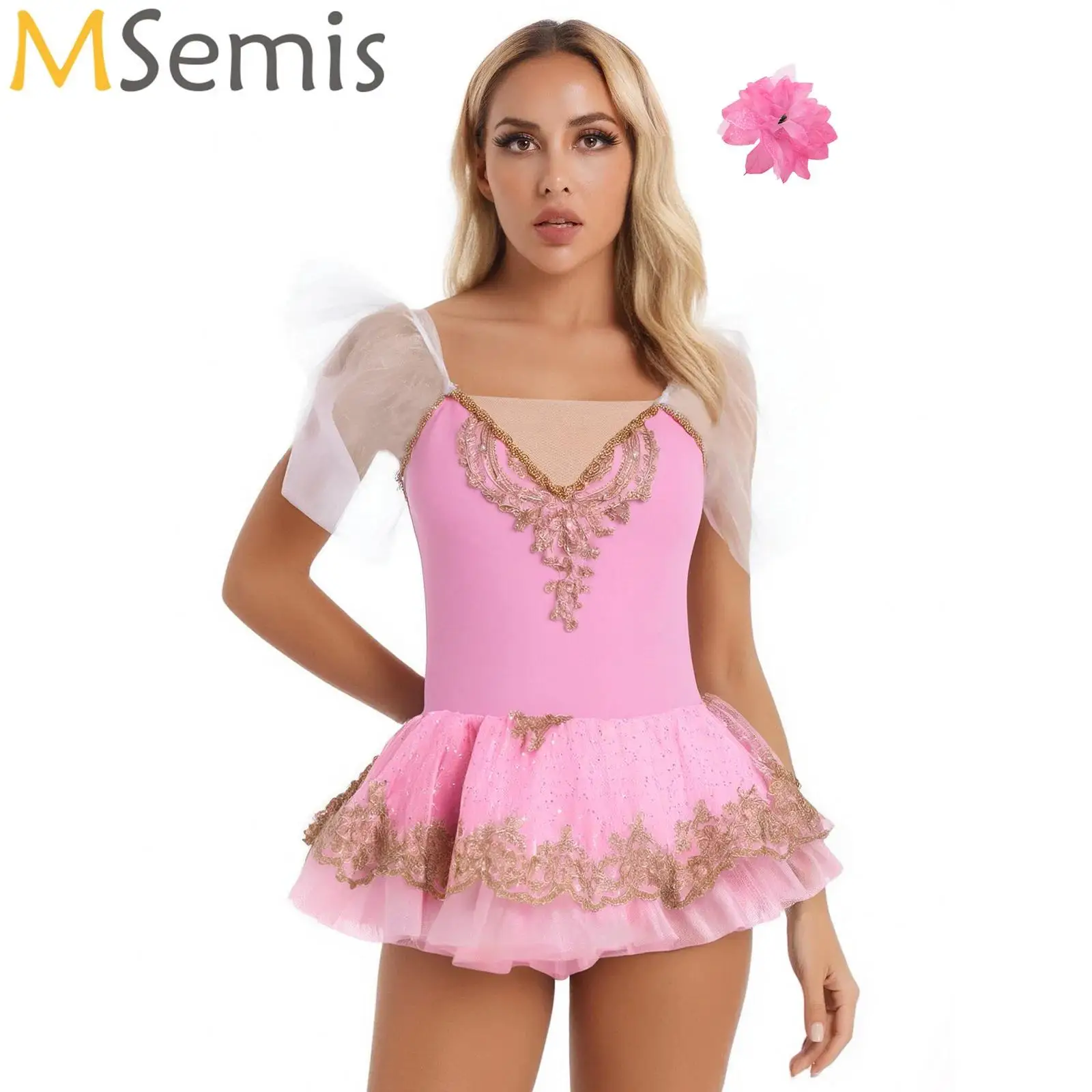 

Women Ballet Dance Tutu Dress Professional Swan Lake Performance Long Ballet Dresses+Flower Hair Clip Ballerina Stage Costume