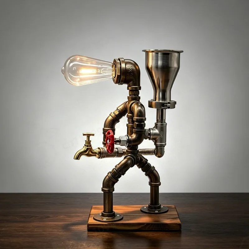 Retro Iron Pipe Robot Table Lamp Industrial Desk Light Bar Decor Ornament Wine Dispenser Gift