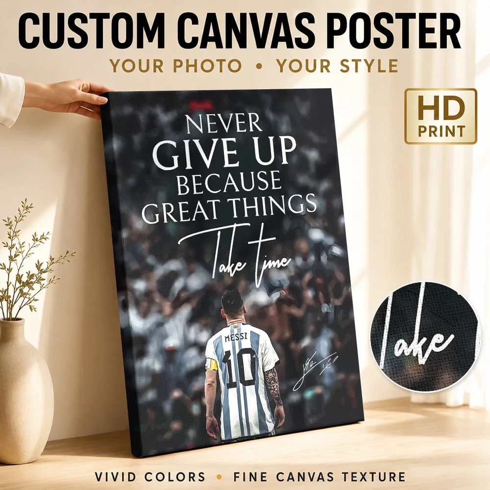 Lionel Messi Never Give Up Football Wood Framed Canvas Print Personalized Photo Bold Statement Typography Wall Art For Man Cave