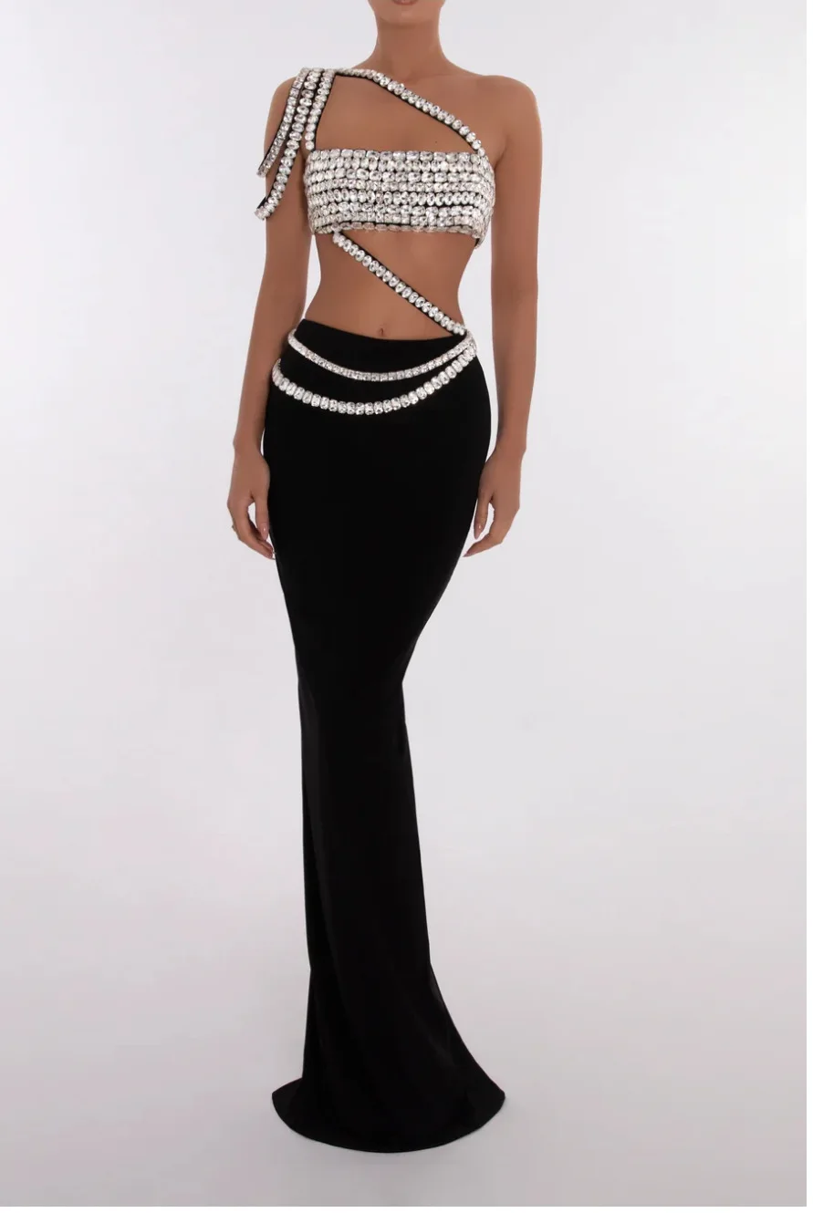 

Women Luxury Black Party Outfits Crystal Camis Crop Top And Long Bandage Skirts Two Piece Sets Celebrity Evening Gala Dress