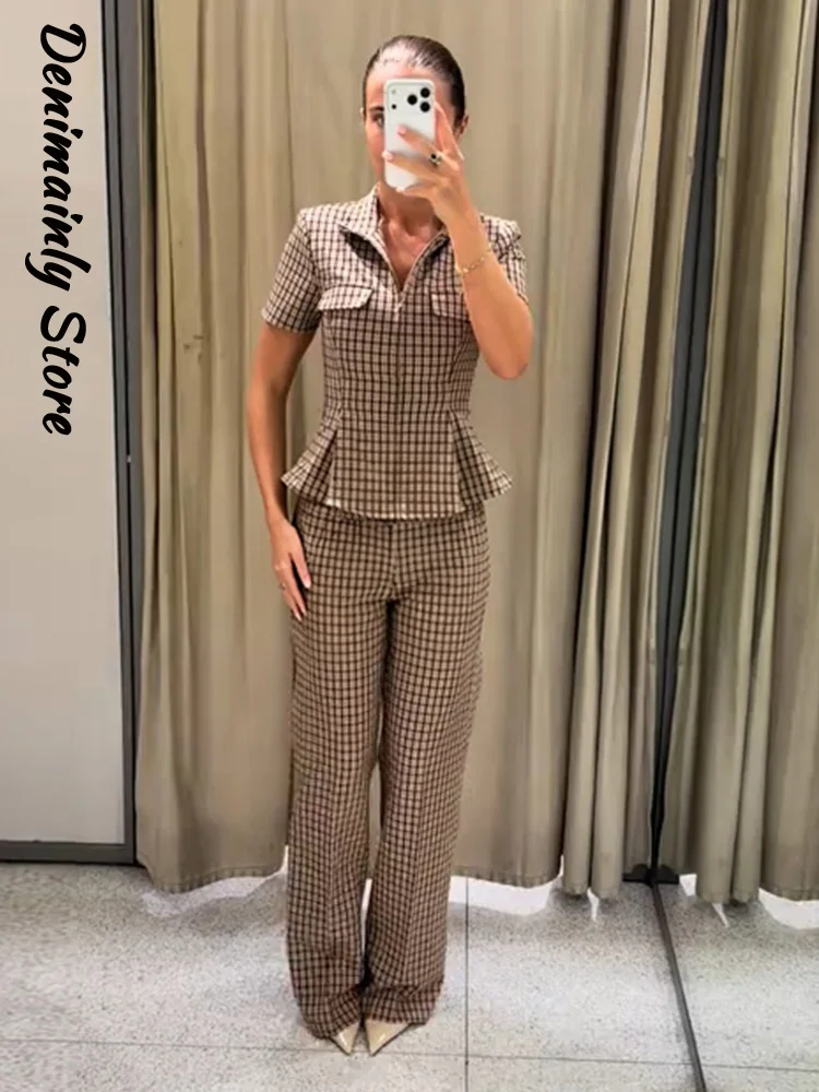 Chic Women's Plaid Pants Set Slim Stand Collar Short Sleeve Waist Cinched Pleated Zipper Tops Straight Leg Pant 2026 Autumn Suit