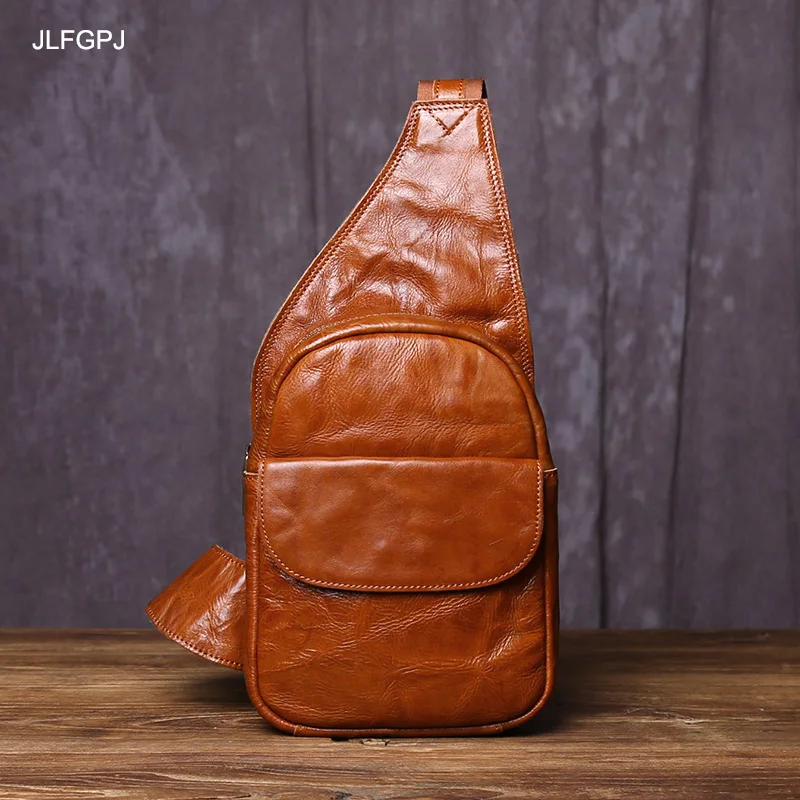 Bolso de pecho de piel de vaca para hombre, bolsa cruzada de cuero genuino, diseño Retro de agarre de mano, curtido vegetal, capa superior, Simple y a la moda