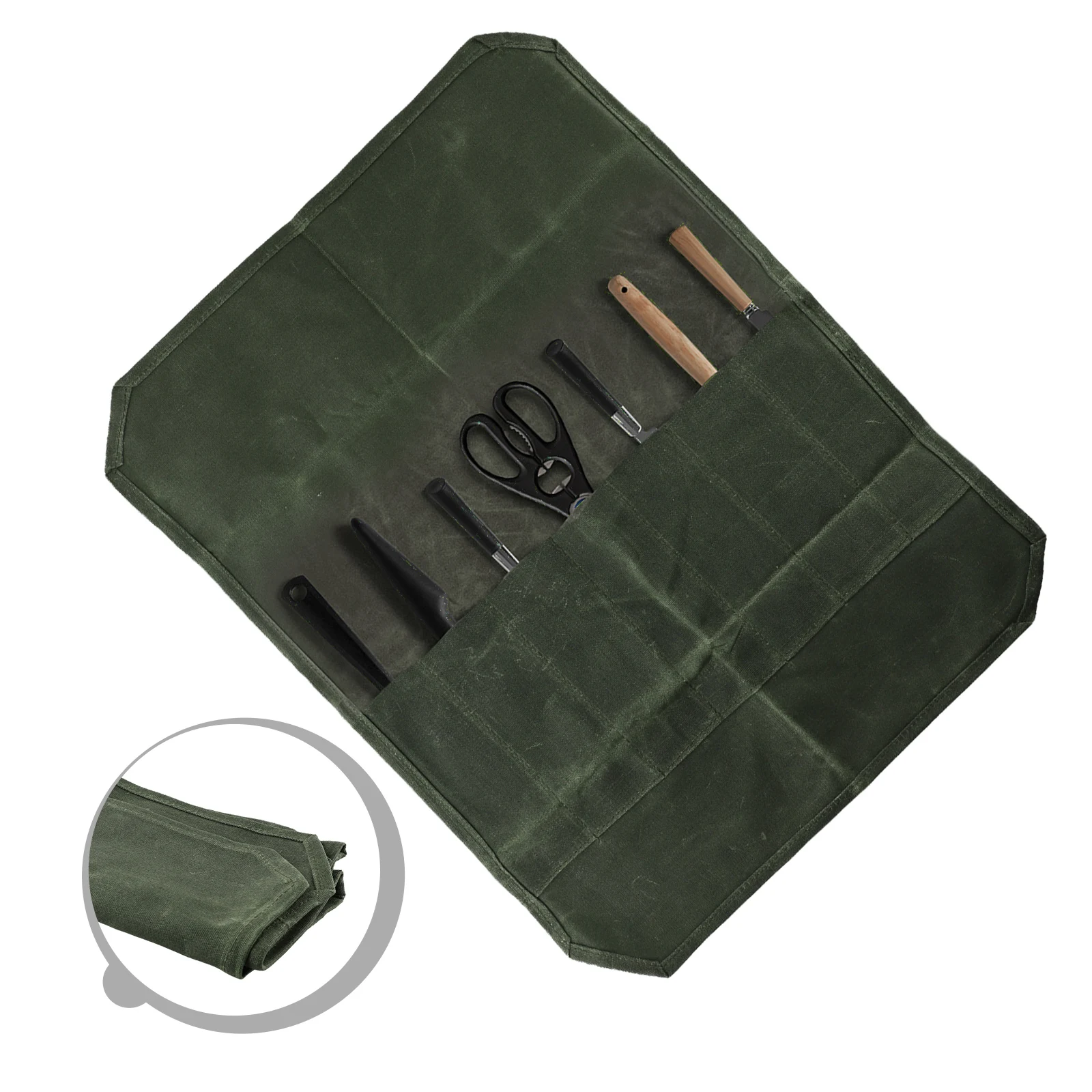Army Green Waxed Canvas Cutter Roll Bag 16 Oz Waterproof Canvas 8 Slots For Knives Easy Carry Organized Storage Space For Chefs