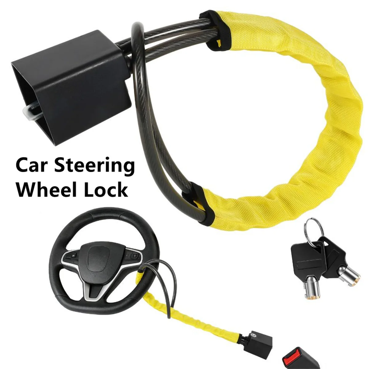 Universal Car Steering Wheel Lock Seat Belt Anti Theft Lock Heavy Duty Steel Cable Security Device with 2 Keys for SUV Truck