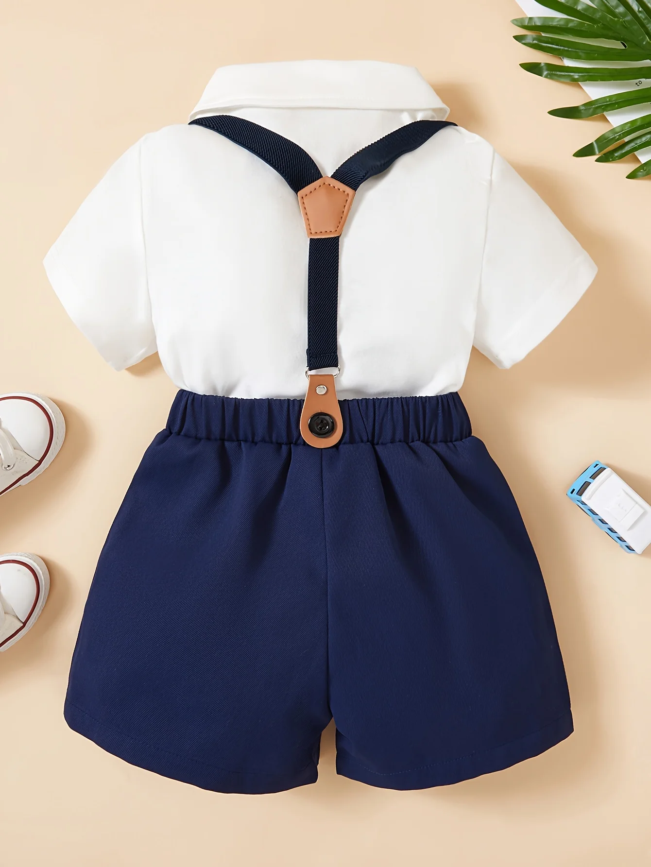 Boys Summer Bow Short sleeved Shirt+Strap Shorts Casual Gentleman Party Dress Two Piece Set