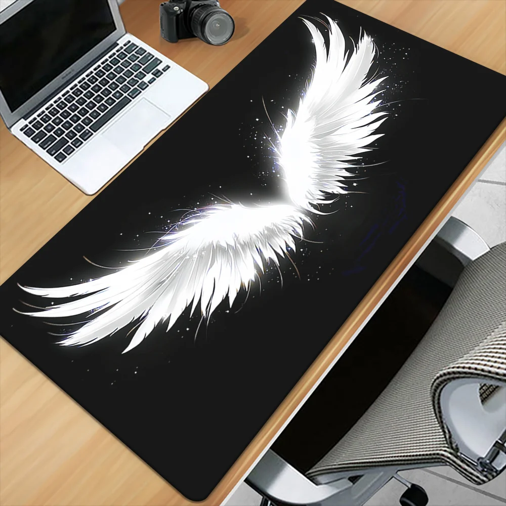 

Gothic White Angel Wings Desk Mat - Sparkle Feather Large Mouse Pad Non-Slip Waterproof Gaming