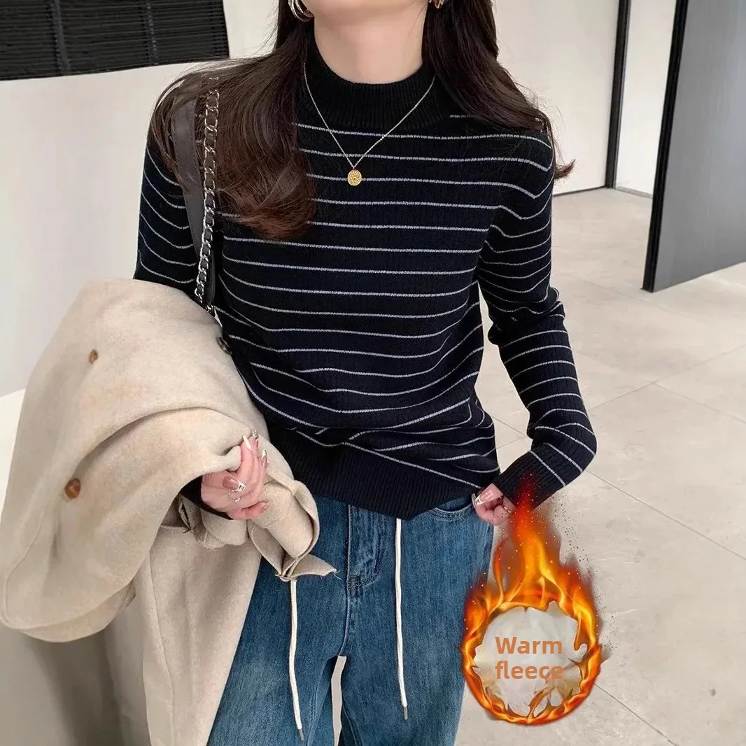 

Autumn Winter Korean Style Base Layer Shirt One Piece Velvet Top Women's Thickened Fleece Lined Half High Collar Striped Sweater