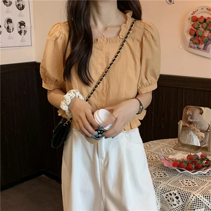 Women Sweet Ruffles Shirt Summer New Puff Short Sleeve Female Blouse Button Fashion All Match Square Collar Ladies Crop Tops