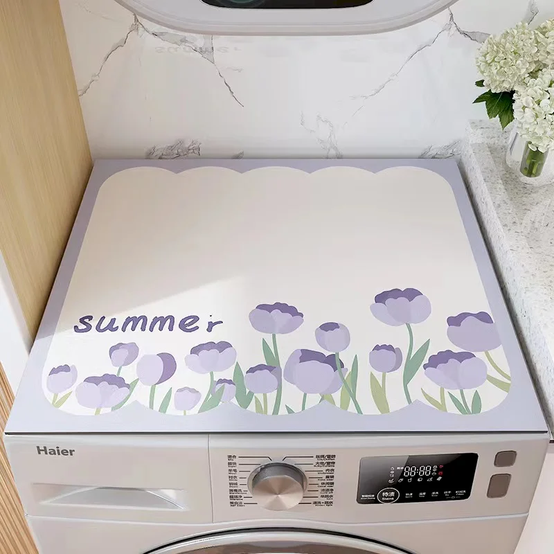 VIKAMA Purple Tulip Summer Mat, Cute Scalloped Minimal Washing Machine Laundry Room Cover,Bohemian Home Decoration